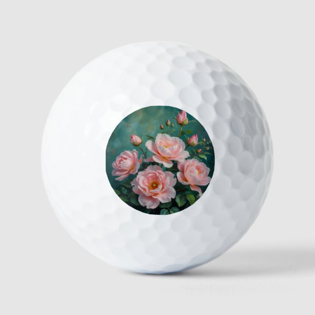 Pink Peonies Artwork on Emerald Green Golf Balls (Front)