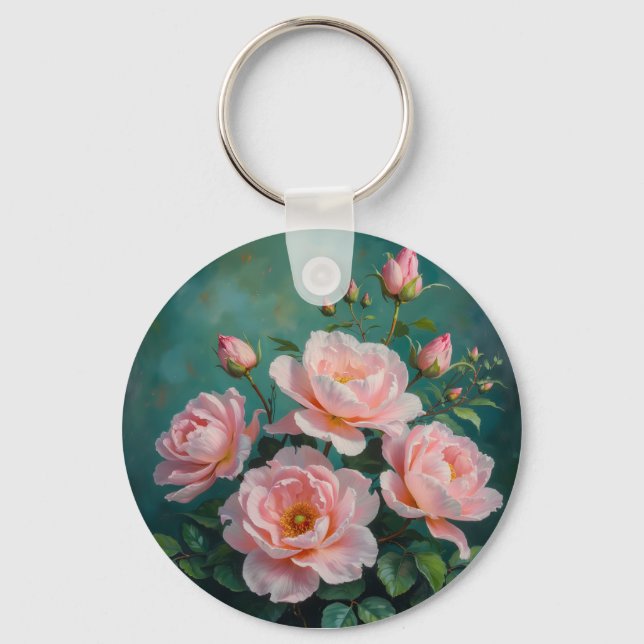 Pink Peonies Artwork on Emerald Green Keychain (Front)