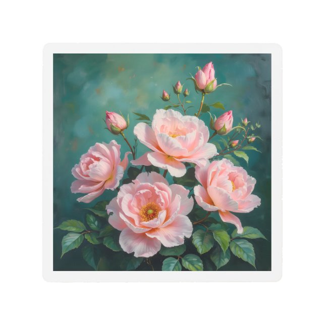 Pink Peonies Artwork on Emerald Green Metal Print (Front)