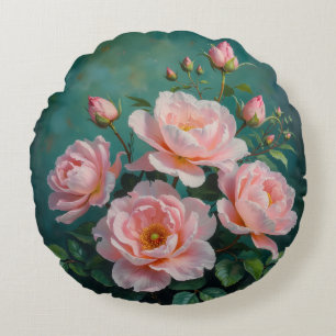 Pink Peonies Artwork on Emerald Green Round Pillow