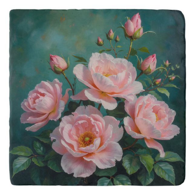 Pink Peonies Artwork on Emerald Green Trivet (Front)