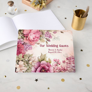 Pink Peonies Asters Floral Wedding Guest Book