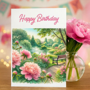 Pink Peonies at Park Happy Birthday Greeting  Card