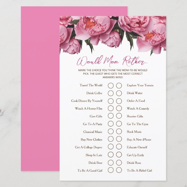 Pink Peonies Baby Shower Game Would Mom Rather... (Front/Back)