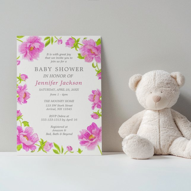 Pink Peonies Baby Shower Small Invitation (Creator Uploaded)