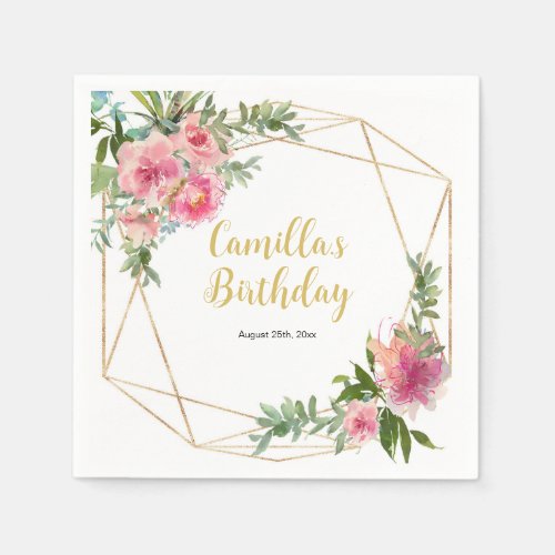 Pink Peonies Birthday  Napkins