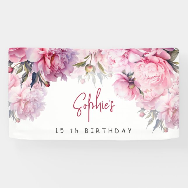 Pink peonies birthday party watercolor banner (Horizontal)