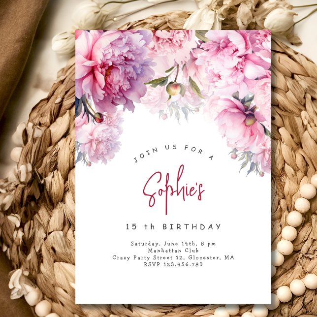 Pink peonies birthday party watercolor invitation (Creator Uploaded)