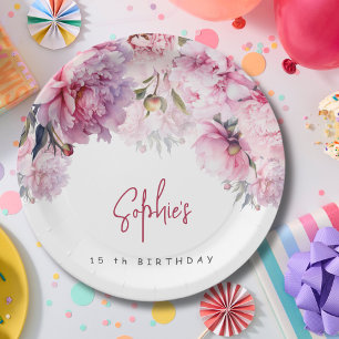 Pink peonies birthday party watercolor paper plates