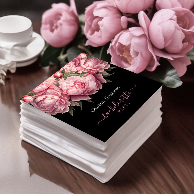 Pink Peonies Black Bachelorette Party Napkins (Pink Peonies Watercolor Black Bachelorette Party Napkins)