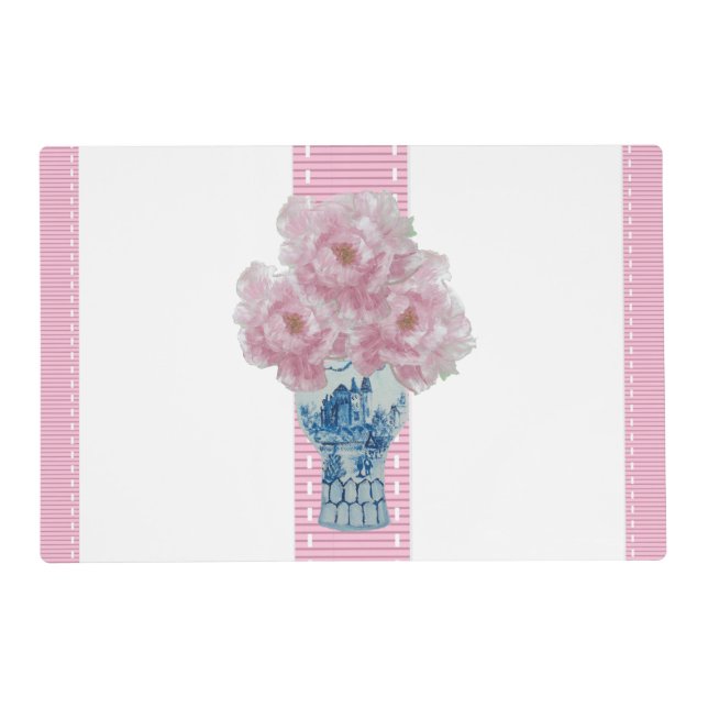 Pink Peonies Blue and White Ginger Jar Placemat (Front)
