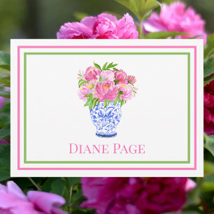 Pink Peonies Blue Chinoiserie Vase Custom Preppy Note Card