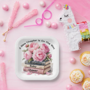 Pink Peonies & Books New Chapter Girl Baby Shower Paper Plates