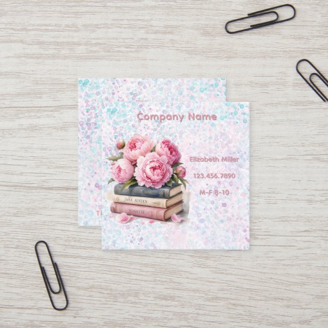 Pink Peonies & Books New Chapter Square Business Card (Front/Back In Situ)