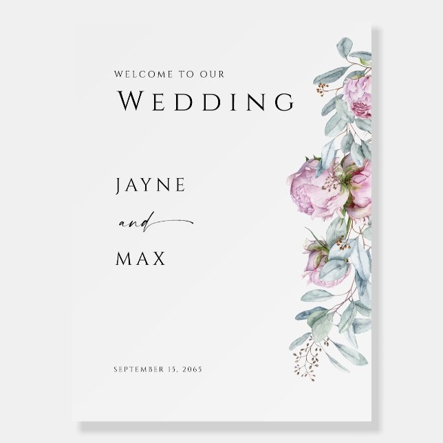 Pink Peonies Botanical Wedding Welcome Foam Boards (Front)