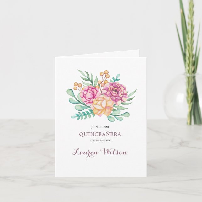 Pink Peonies Bouguet Quinceanera Folded Invitation (Front)