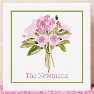 Pink Peonies Bouquet Green Border Gift Note Card