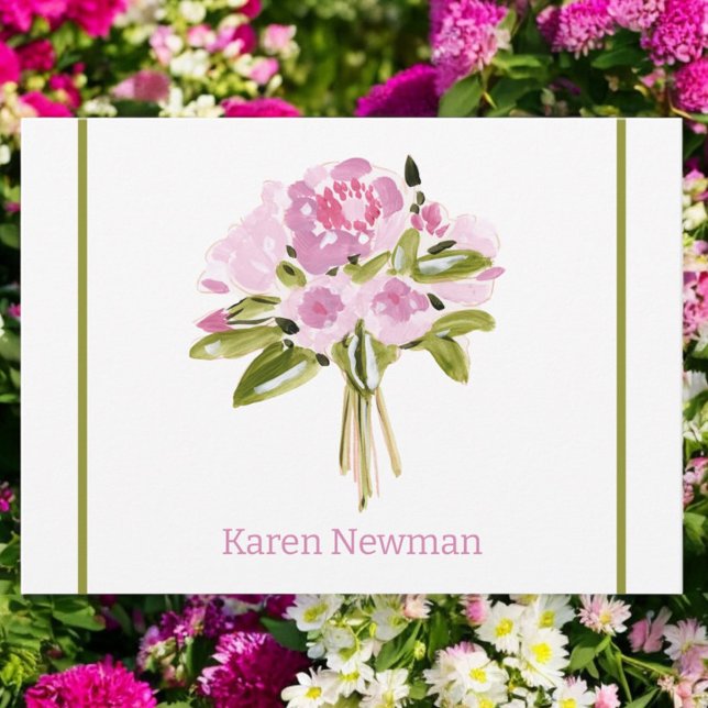 Pink Peonies Bouquet Green Border Thank You Note Card (Creator Uploaded)