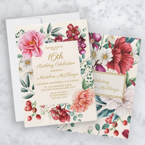 Pink Peonies Burgundy Floral Leaves 16th Birthday  Invitation