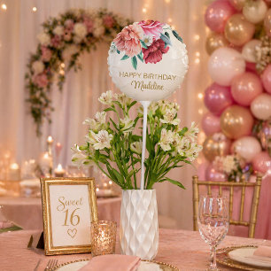 Pink Peonies Burgundy Floral Leaves Happy Birthday Balloon