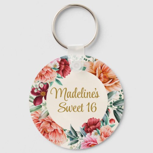 Pink Peonies Burgundy Floral Leaves Sweet 16    Keychain