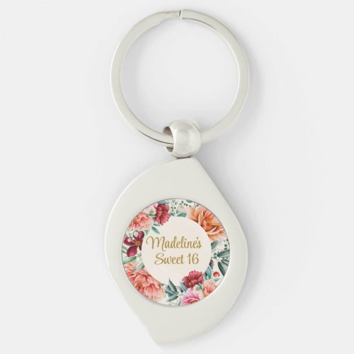 Pink Peonies Burgundy Floral Leaves Sweet 16  Keychain