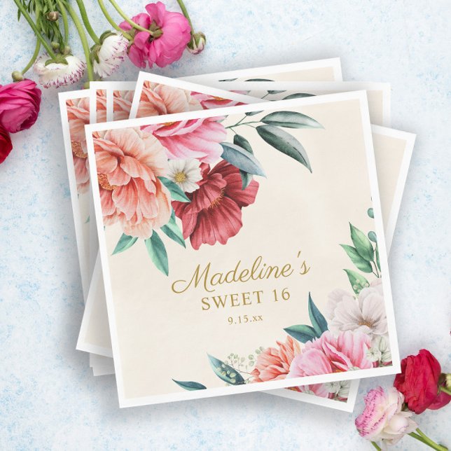 Pink Peonies Burgundy Floral Leaves Sweet 16 Napkins (Creator Uploaded)