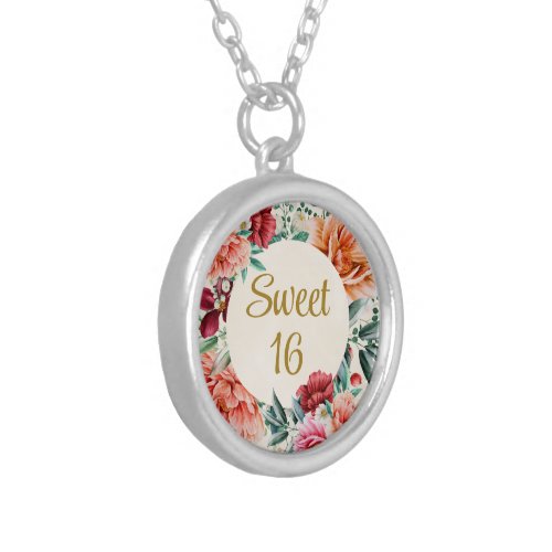 Pink Peonies Burgundy Floral Leaves Sweet 16 Silver Plated Necklace