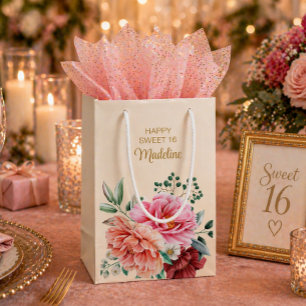 Pink Peonies Burgundy Floral Leaves Sweet 16 Smal Small Gift Bag
