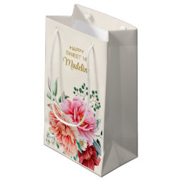 Pink Peonies Burgundy Floral Leaves Sweet 16  Smal Small Gift Bag