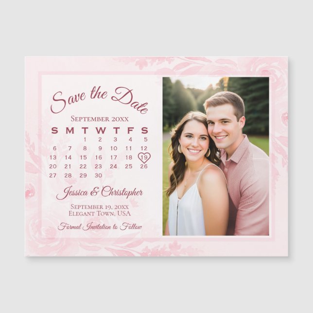 Pink Peonies Calendar & Photo Save the Date Magnet (Front)