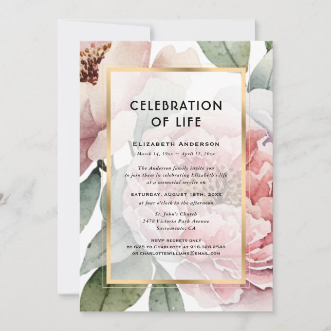 Pink Peonies Celebration of Life Funeral Invitation (Front)