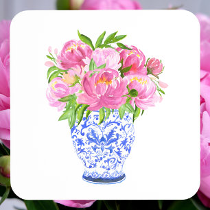 Pink Peonies Chinoiserie / Grandmillennial Home  Beverage Coaster