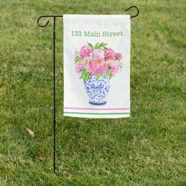 Pink Peonies Chinoiserie Vase Address Garden Flag (In SItu)