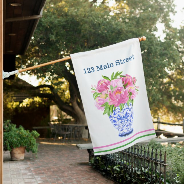 Pink Peonies Chinoiserie Vase Address House Flag (In SItu)