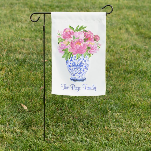 Pink Peonies Chinoiserie Vase Garden Flag (In SItu)