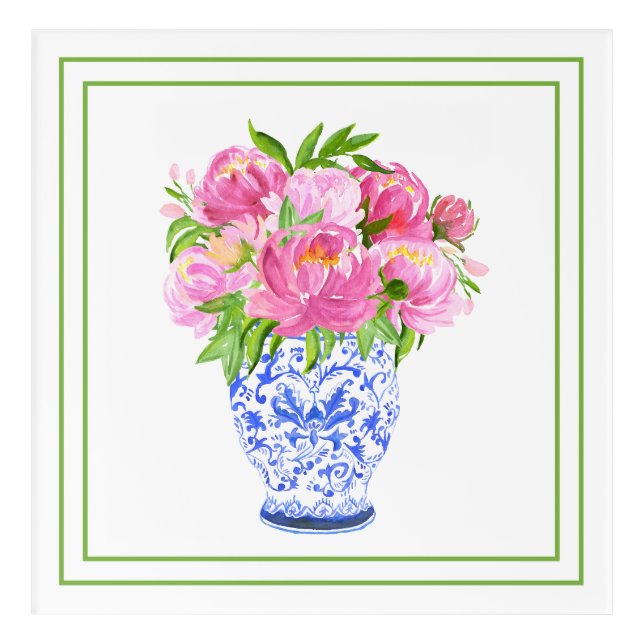 Pink Peonies Chinoiserie Vase Green Border Acrylic Print (Front)