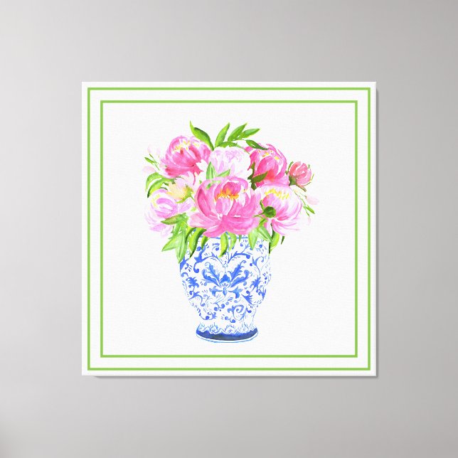 Pink Peonies Chinoiserie Vase Green Border Canvas Print (Front)