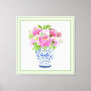 Pink Peonies Chinoiserie Vase Green Border Canvas Print