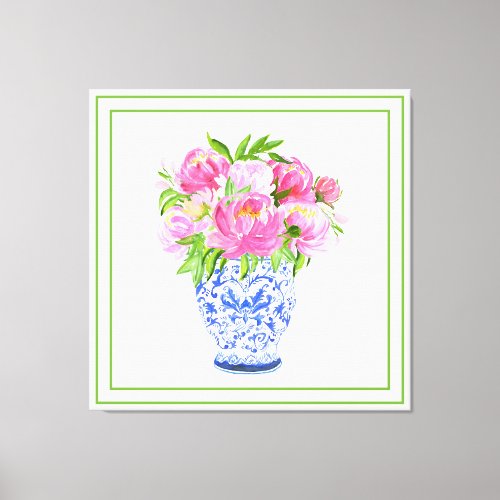 Pink Peonies Chinoiserie Vase Green Border Canvas Print