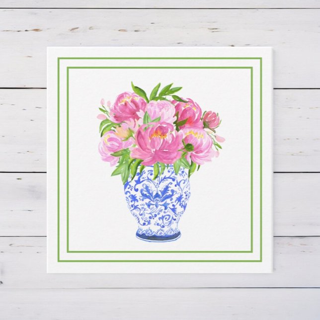 Pink Peonies Chinoiserie Vase Green Border Note Card (Creator Uploaded)