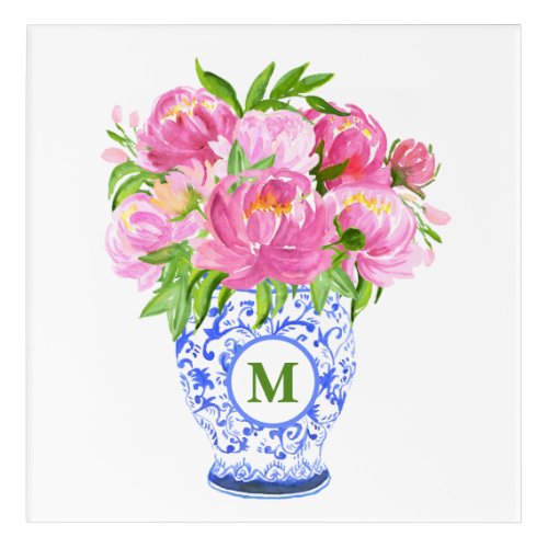 Pink Peonies Chinoiserie Vase Green Monogram Acrylic Print