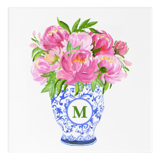 Pink Peonies Chinoiserie Vase Green Monogram Acrylic Print (Front)