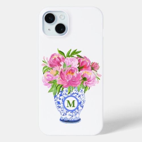 Pink Peonies Chinoiserie Vase Green Monogram iPhone 15 Plus Case