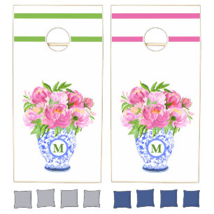 Pink Peonies Chinoiserie Vase Green Monogram Cornhole Set