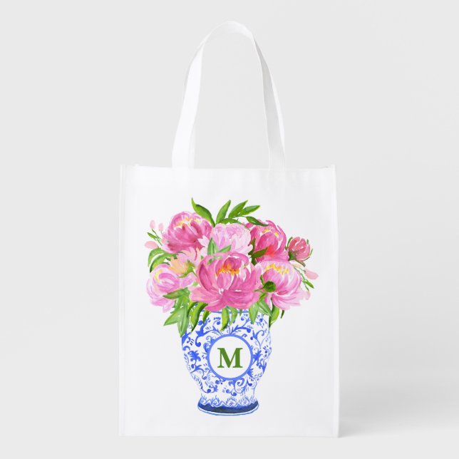 Pink Peonies Chinoiserie Vase Green Monogram Grocery Bag (Front)