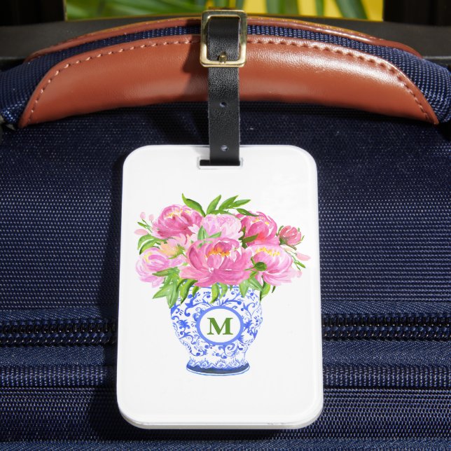 Pink Peonies Chinoiserie Vase Green Monogram Luggage Tag (Front Insitu 2)