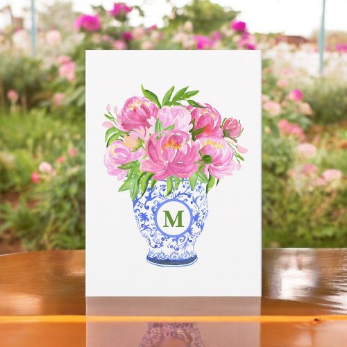 Pink Peonies Chinoiserie Vase Green Monogram Note Card