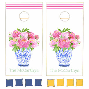 Pink Peonies Chinoiserie Vase Monogram Cornhole Set