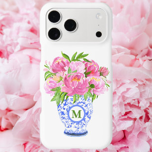 Pink Peonies Chinoiserie Vase Monogram iPhone 15 Plus Case
